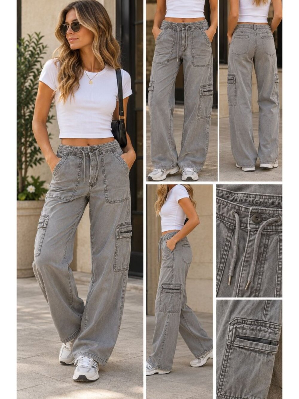 American Eagle Gray Cargo Utility Wide Leg Y2K Pants 00